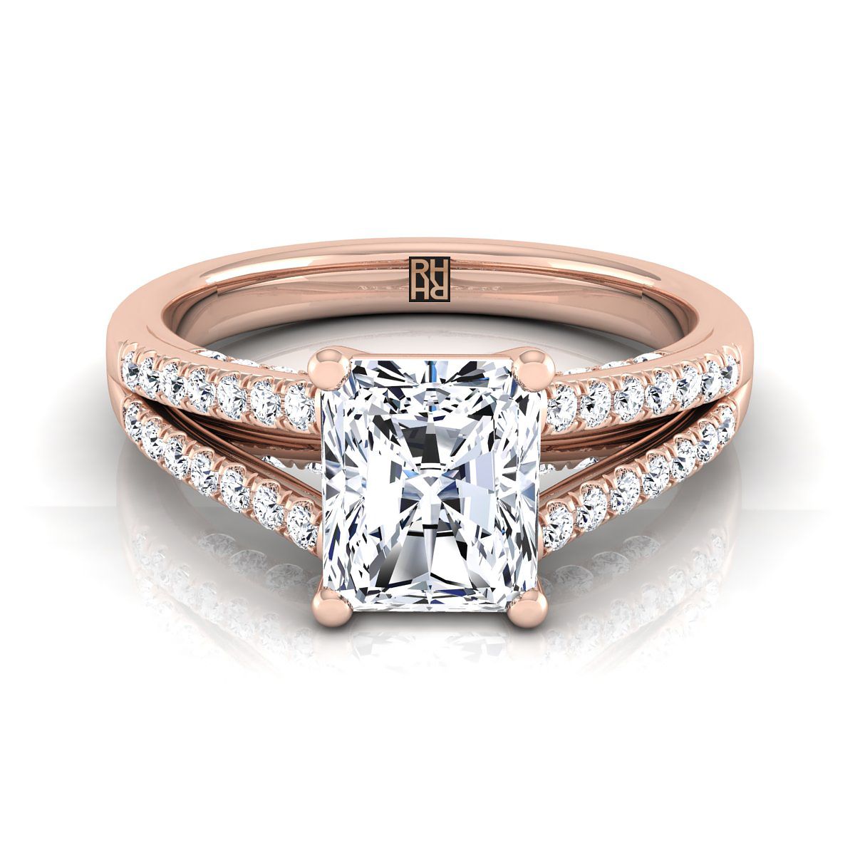 14K Rose Gold Radiant Cut Center Diamond Split Shank French Pave Engag