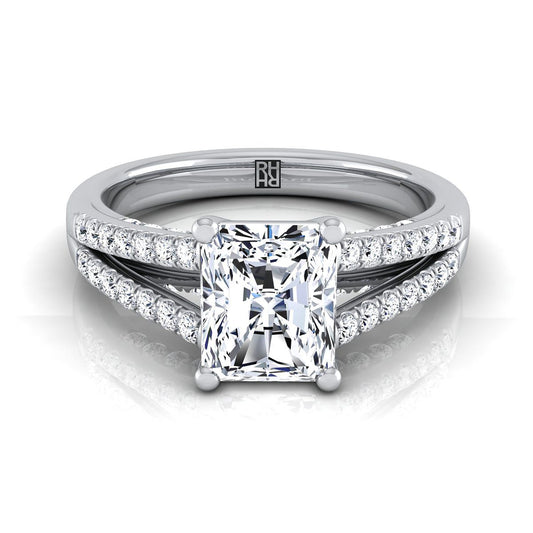 Platinum Radiant Cut Center Diamond Split Shank French Pave Engagement Ring -1/3ctw
