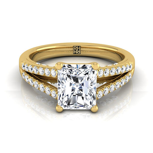 18K Yellow Gold Radiant Cut Center Diamond Split Shank French Pave Engagement Ring -1/3ctw