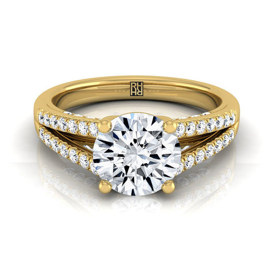 18K Yellow Gold Round Brilliant Diamond Split Shank French Pave Engagement Ring -1/3ctw