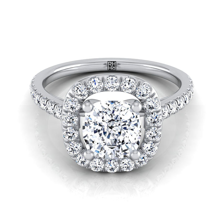 Hymn Select French Pavé Halo Frame Cu Cushion Cut Lab Diamond Engagement Ring in 14K White Gold | RockHer