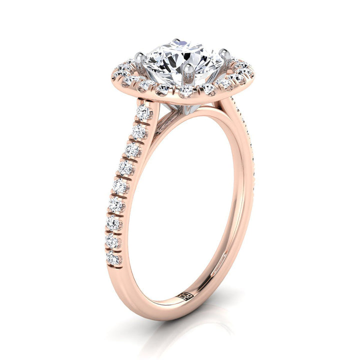14K Rose Gold Round Brilliant Diamond Simple French Pave Halo Engagement Ring -1/2ctw