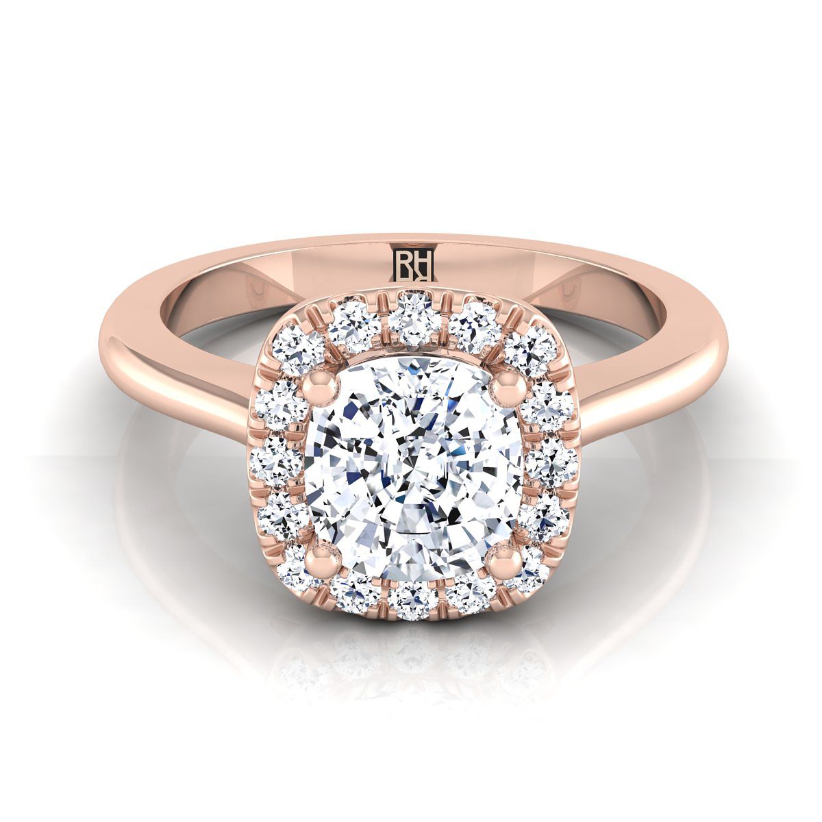 The Kate classic french pavé halo cut engagement ring setting, shown in 14K Rose Gold | RockHer