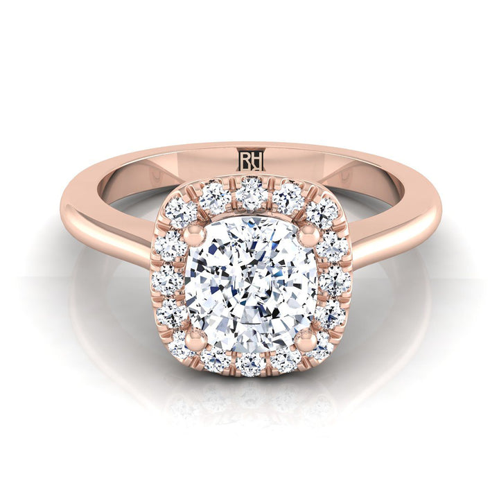 Classic French Pavé Halo Cushion, in 14K Rose Gold, pave setting | RockHer