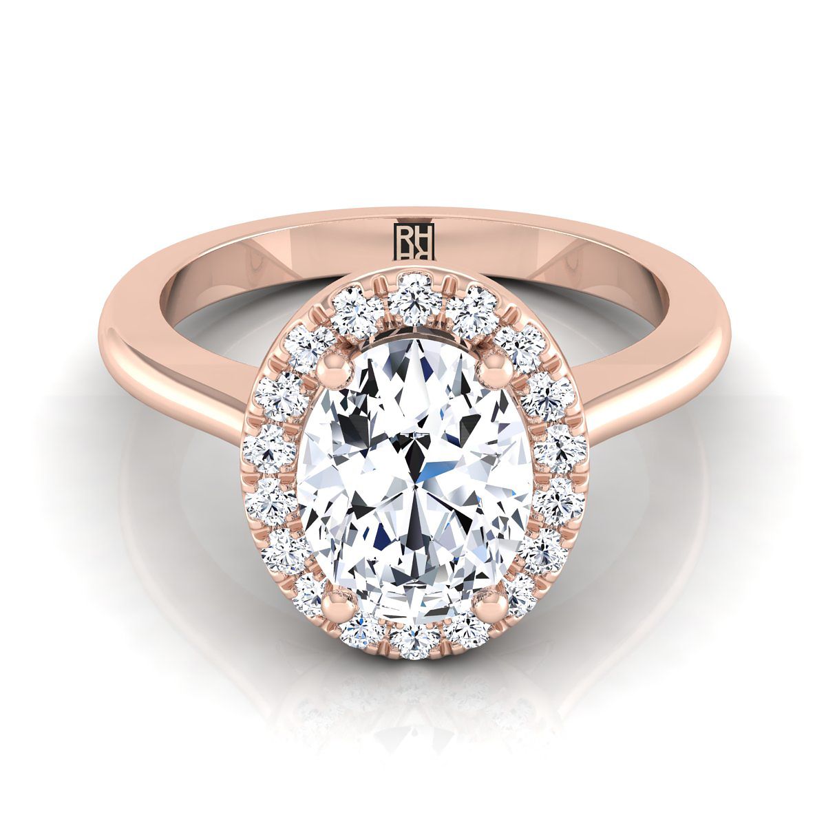 The Kate oval setting in 14K Rose Gold, a select classic french pavé halo design from RockHer