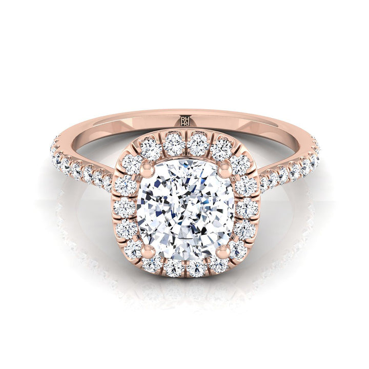 Classic Shared Prong Halo Cushion, in 14K Rose Gold, pave setting | RockHer