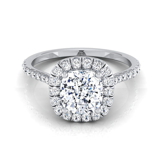 14K White Gold Cushion Diamond Shared Prong Halo Engagement Ring -3/8ctw