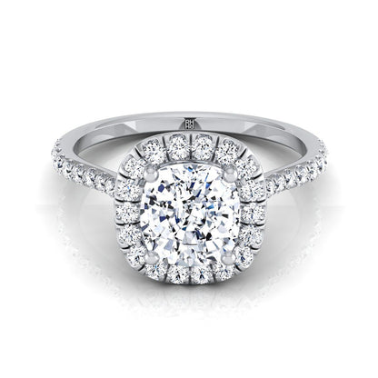 Classic Shared Prong Halo Cushion, in Platinum, pave setting | RockHer