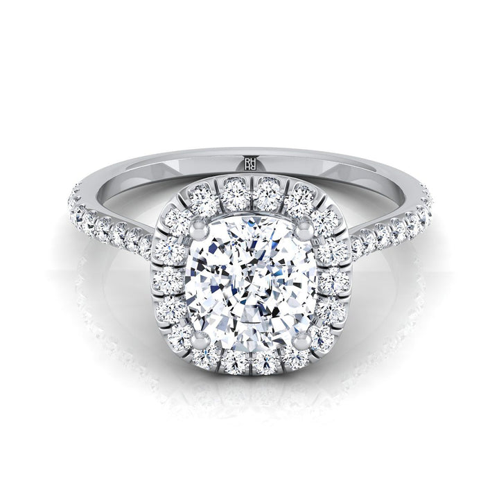 Classic Shared Prong Halo Cushion, in Platinum, pave setting | RockHer