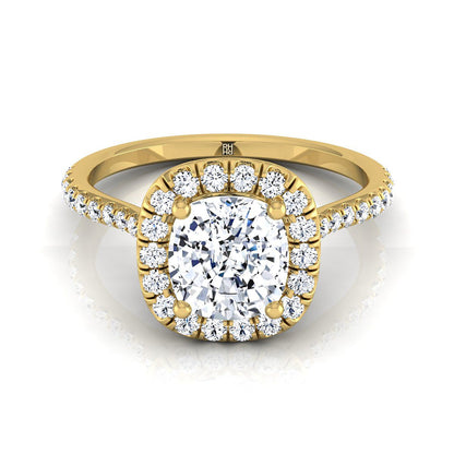 Classic Shared Prong Halo Cushion, in 18K Yellow Gold, pave setting | RockHer