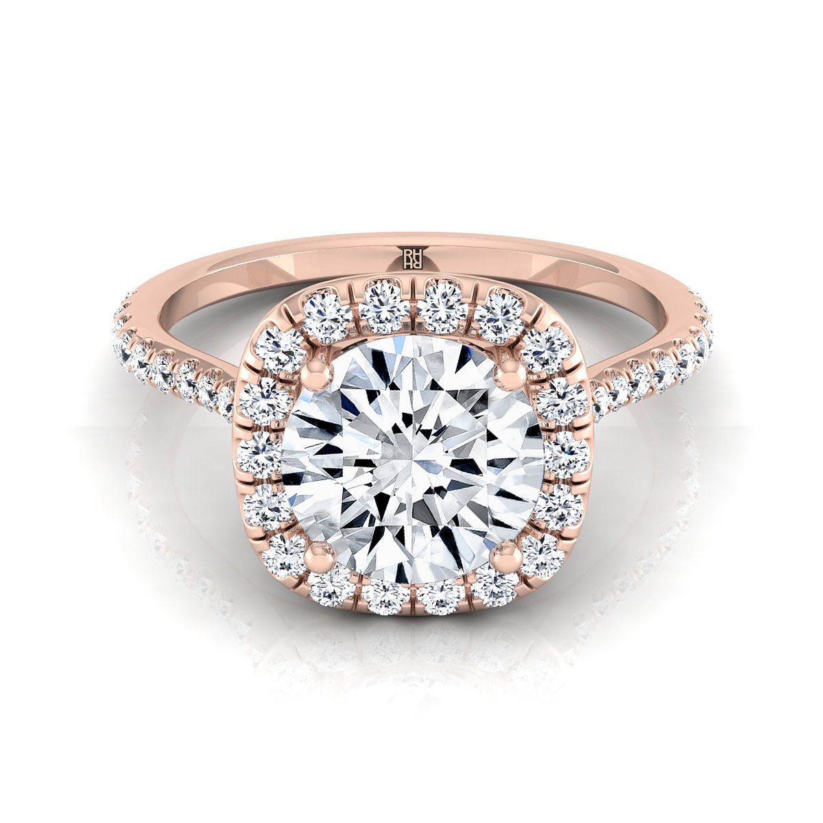 Everly Select Classic Shared Prong Halo Round Lab Diamond Engagement Ring in 14K Rose Gold | RockHer