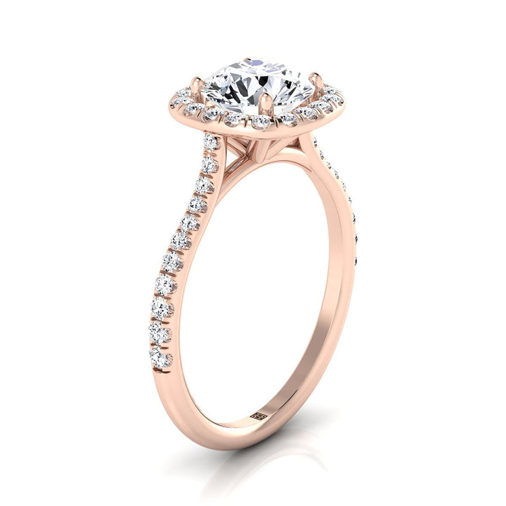 Everly Select classic shared prong halo round ring in 14K Rose Gold — view — RockHer