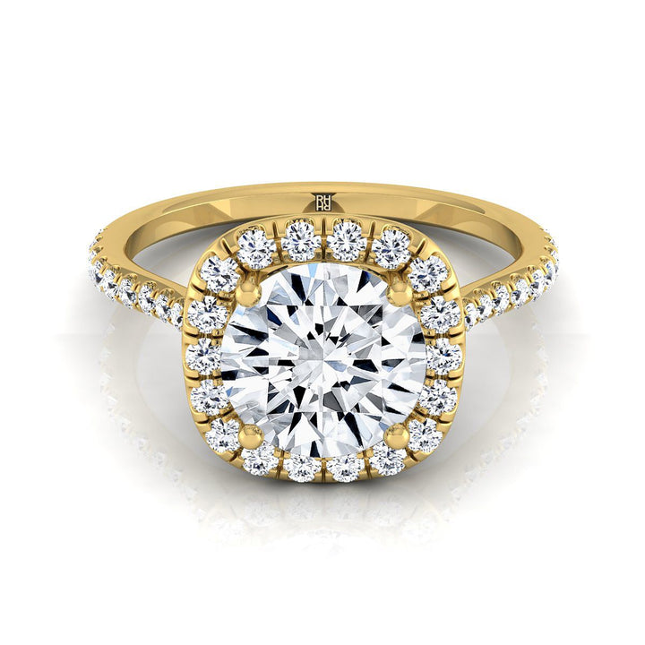 Round Brilliant, Classic Shared Prong Halo Round, in 18K Yellow Gold, pave setting | RockHer