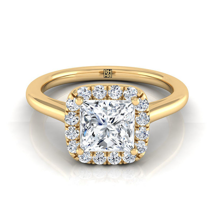 Classic Prong Diamond Halo Princess, in 18K Yellow Gold, pave setting | RockHer