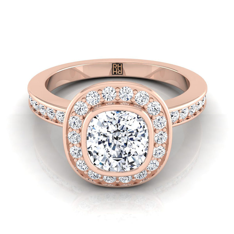 The Marcia Bezel Halo Channel Band Cushion Cut Engagement Ring Setting in 14K Rose Gold