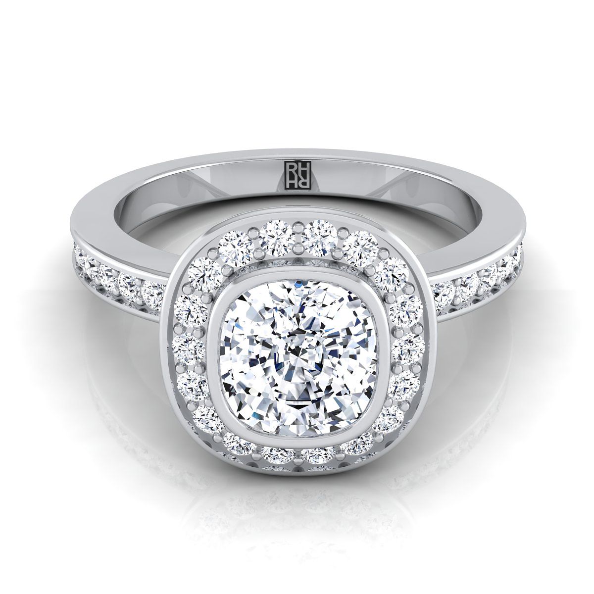 Marcia Select Bezel Halo Channel Band Cushion Cut Lab Diamond Engagement Ring in 18K White Gold | RockHer
