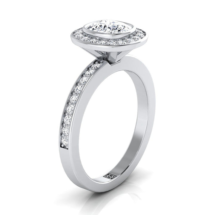 Marcia Select Bezel Halo Channel Band Cushion Cut Lab Diamond Engagement Ring in 18K White Gold | RockHer