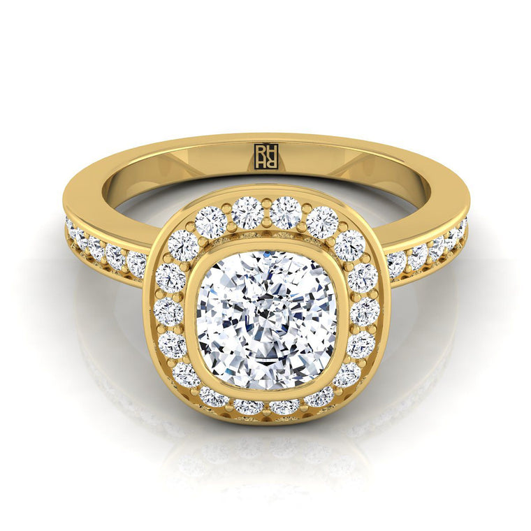 The Marcia Select Halo Cushion Cut Lab Diamond Engagement Ring in 18K Yellow Gold