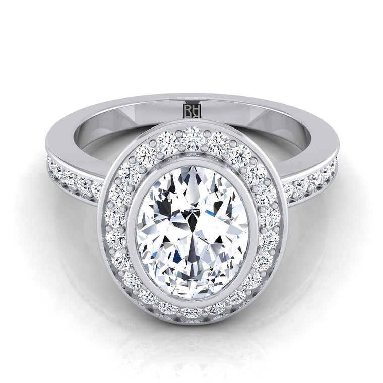 The Marcia Bezel Halo Channel Band Oval Engagement Ring Setting in Platinum