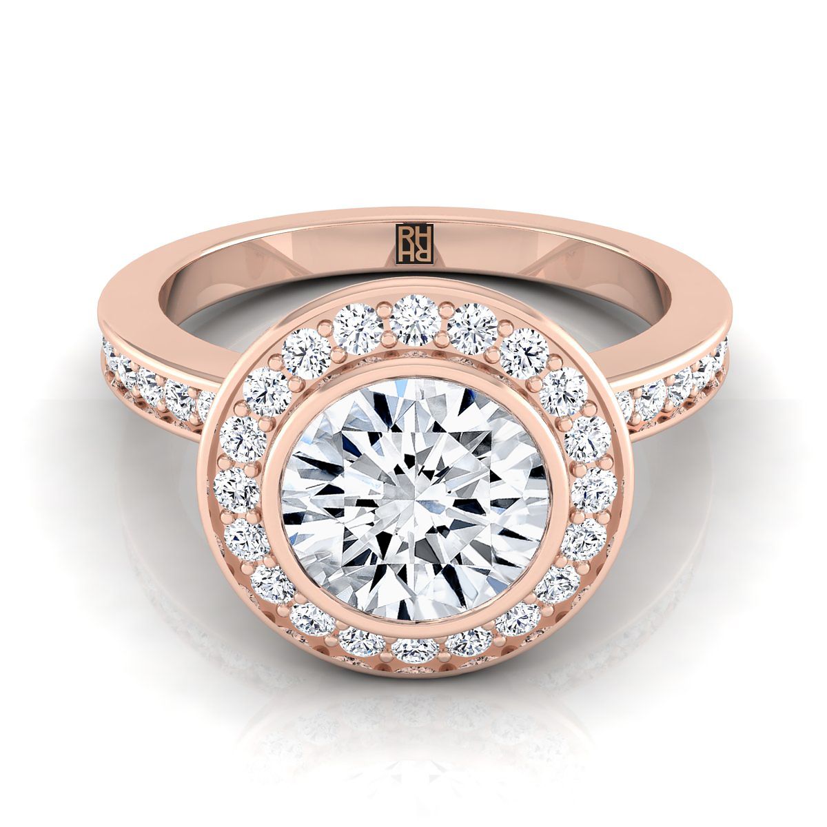 14K Rose Gold Round Brilliant Diamond Matching Halo and Channel Band Engagement Ring -3/8ctw