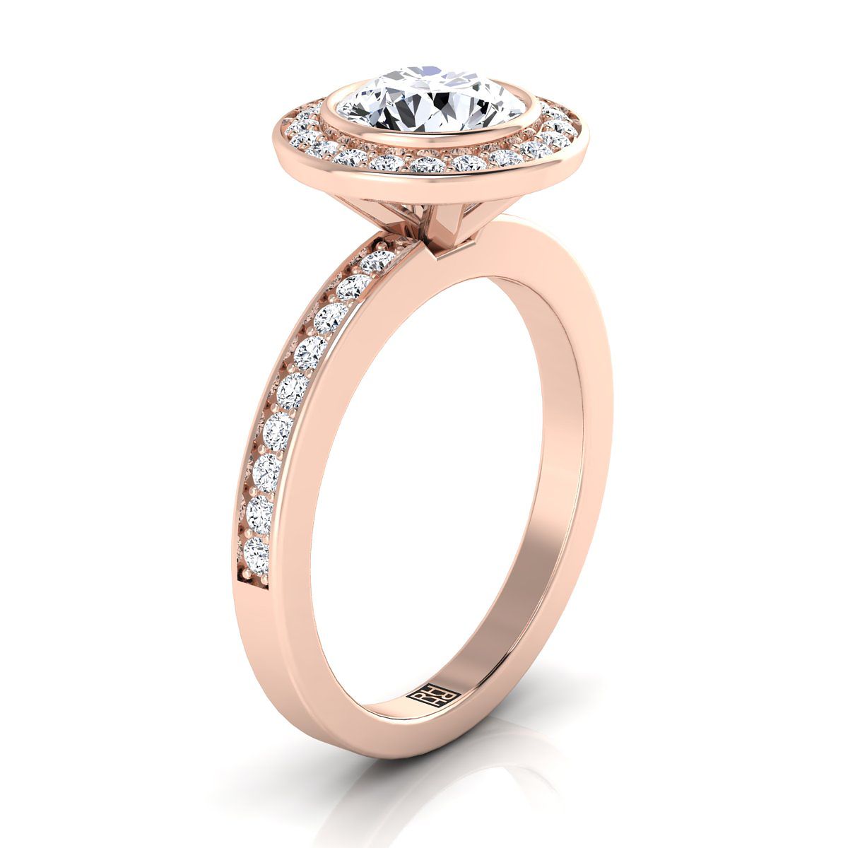 Bezel Halo Channel Band styling on The Marcia round engagement ring setting | RockHer
