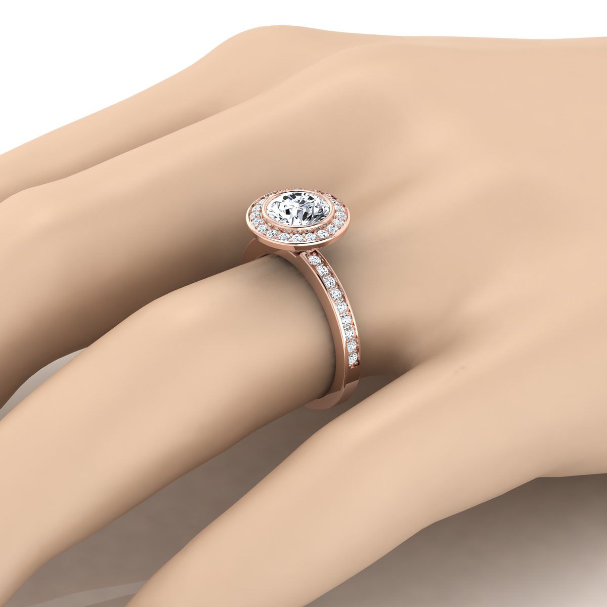 The Marcia engagement ring setting in 14K Rose Gold, bezel halo channel band design | RockHer