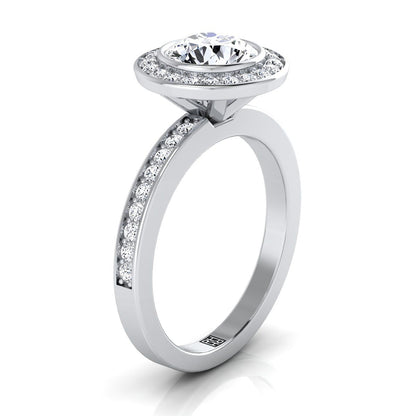 Round Brilliant, Bezel Halo Channel Band, in Platinum – side profile | RockHer