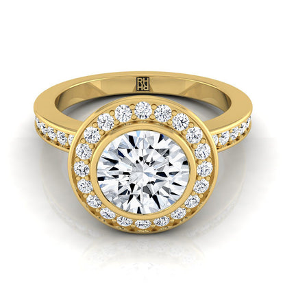 Round Brilliant, Bezel Halo Channel Band, in 18K Yellow Gold | RockHer
