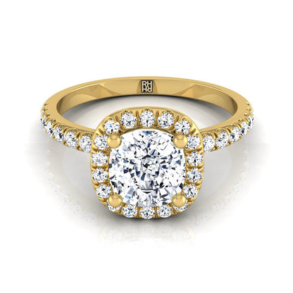 Classic Linear Halo Cushion, in 18K Yellow Gold, pave setting | RockHer