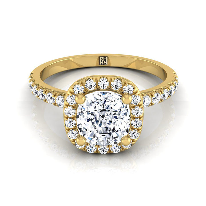 Classic Linear Halo Cushion, in 18K Yellow Gold, pave setting | RockHer