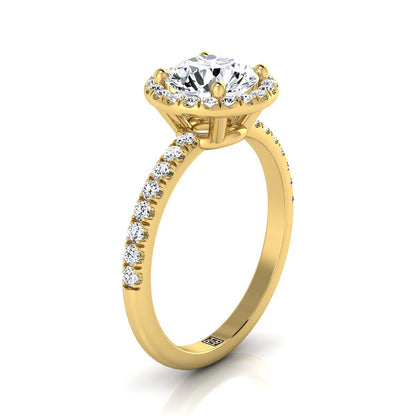 Round Brilliant, Classic Linear Halo, in 18K Yellow Gold, pave setting – side profile | RockHer