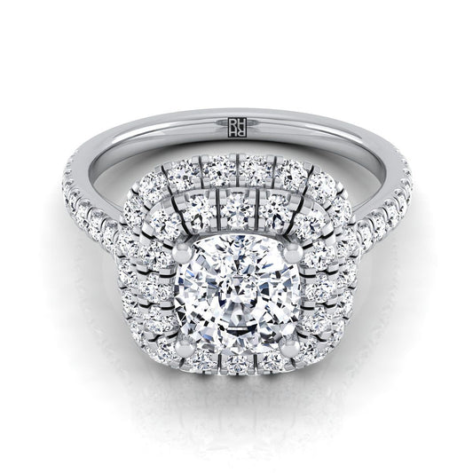 14K White Gold Cushion Double Halo and Linear Pave Engagement Diamond Ring -3/4ctw