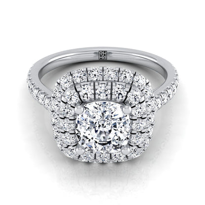 Double Halo Linear Pavé Cushion, in 18K White Gold, pave setting | RockHer