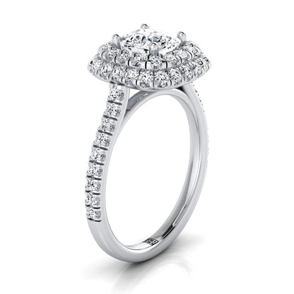 Double Halo Linear Pavé Cushion, in Platinum, pave setting – side profile | RockHer