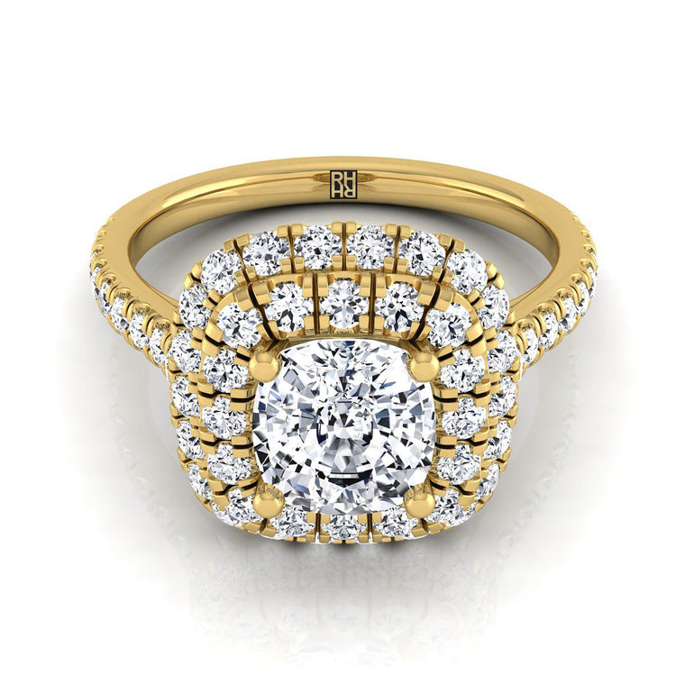 The Medley Select Double Halo Cushion Cut Lab Diamond Engagement Ring in 18K Yellow Gold