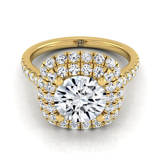 18K Yellow Gold Round Brilliant Double Halo and Linear Pave Engagement Diamond Ring -3/4ctw