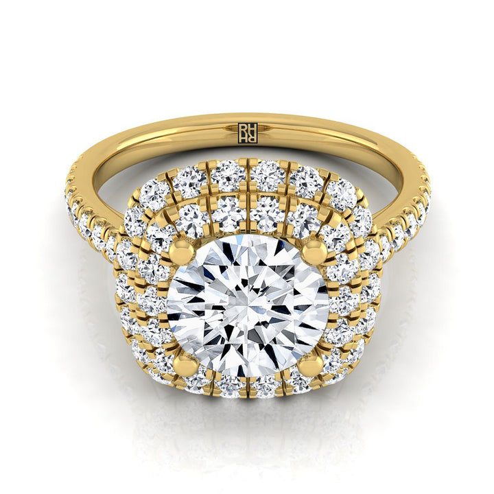 Round Brilliant, Double Halo Linear Pavé, in 18K Yellow Gold, pave setting | RockHer