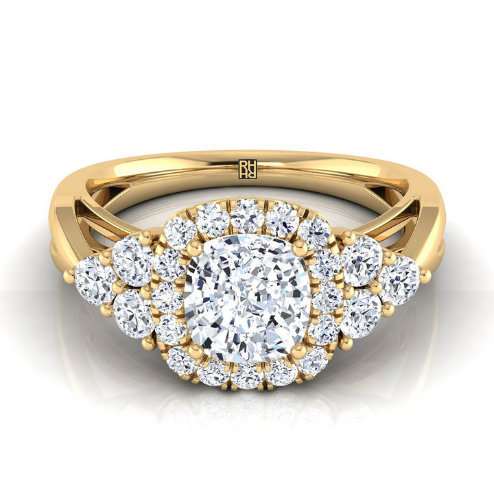 Open Twisted Triple Halo Cushion, in 18K Yellow Gold, pave setting | RockHer