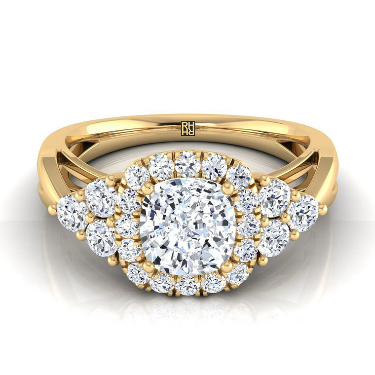 The Melisma Open Twisted Triple Halo Cushion Cut Engagement Ring Setting in 18K Yellow Gold