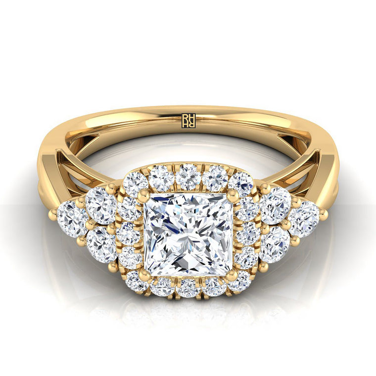 The Melisma Open Twisted Triple Halo Princess Cut Engagement Ring Setting in 18K Yellow Gold