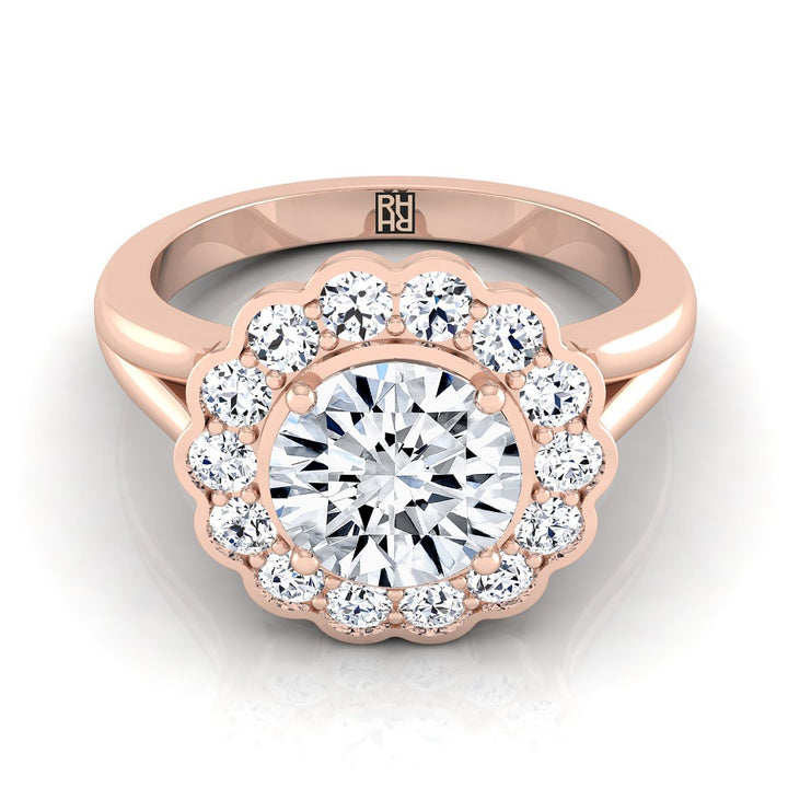 Round Brilliant, Floral Split Shank Halo, in 14K Rose Gold, prong setting – view 8 | RockHer
