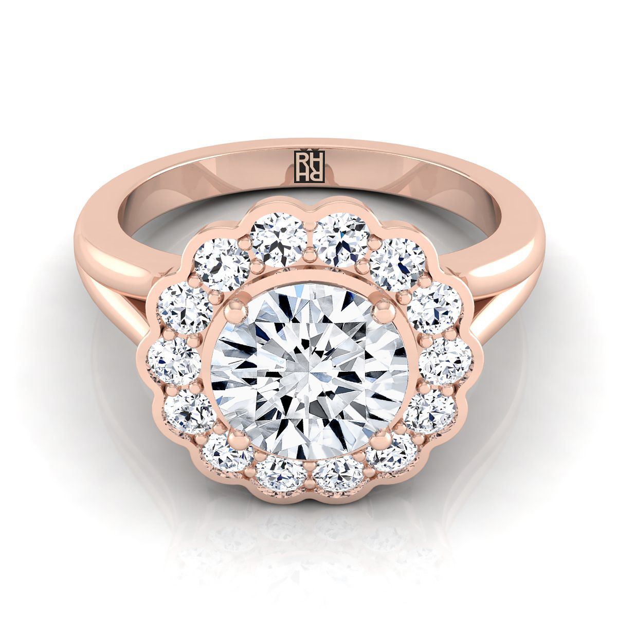 The Nera round setting in 14K Rose Gold, a select floral split shank halo design from RockHer