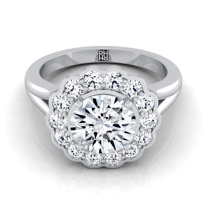 Round Brilliant, Floral Split Shank Halo, in Platinum, prong setting – view 8 | RockHer