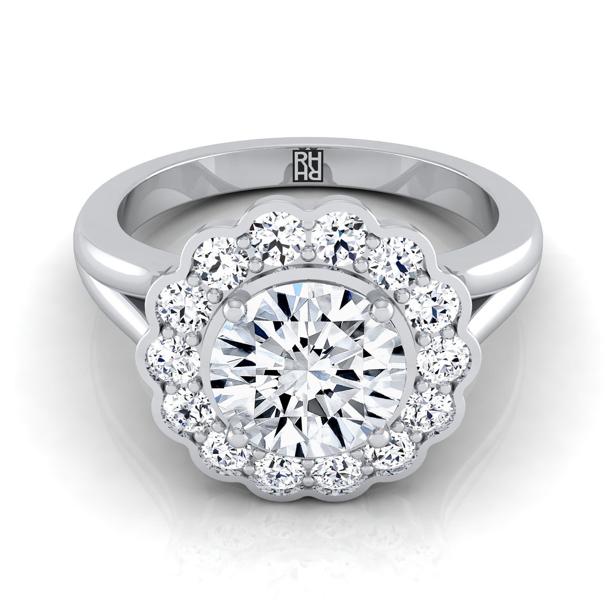 The Nera round setting in 18K White Gold, a select floral split shank halo design from RockHer