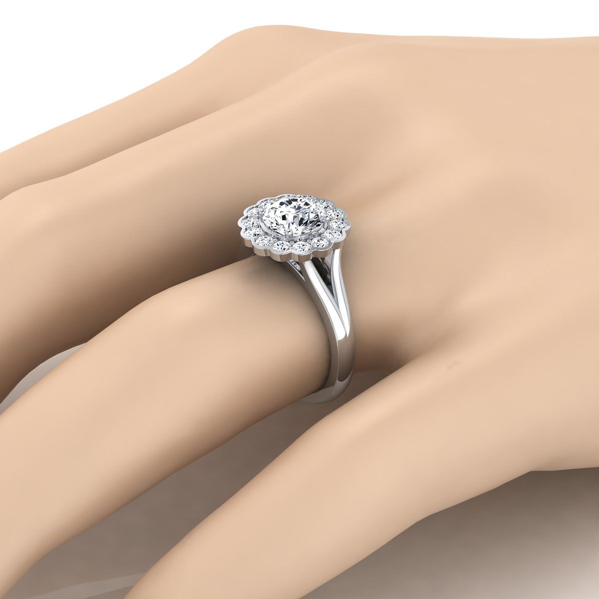 The Nera engagement ring setting, select floral split shank halo, round, 18K White Gold | RockHer