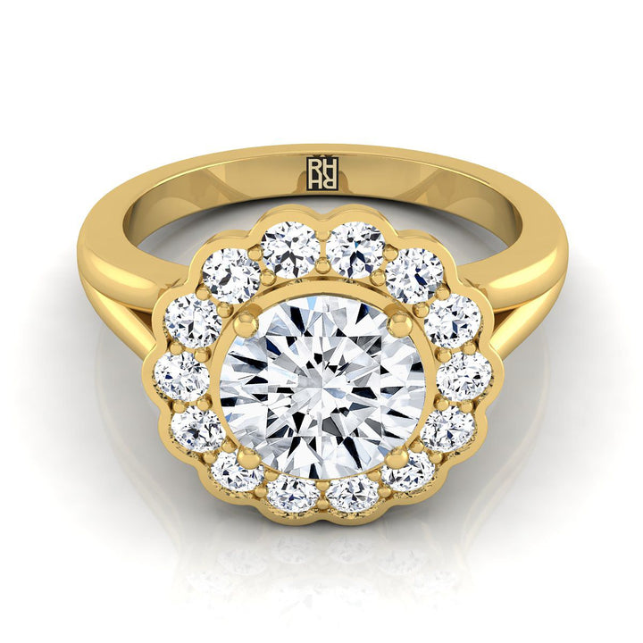 Round Brilliant, Floral Split Shank Halo, in 18K Yellow Gold, prong setting – view 8 | RockHer