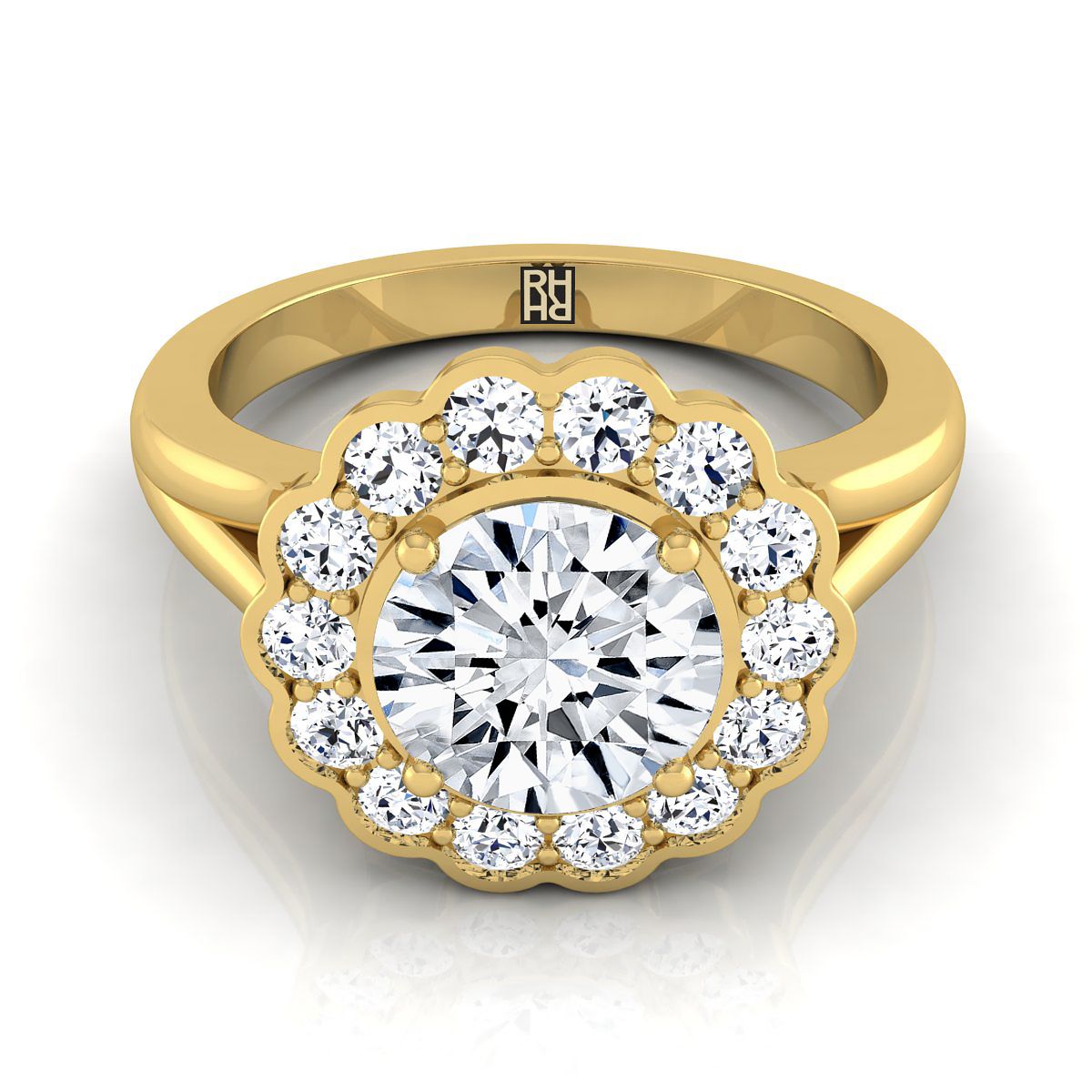 The Nera round setting in 18K Yellow Gold, a select floral split shank halo design from RockHer