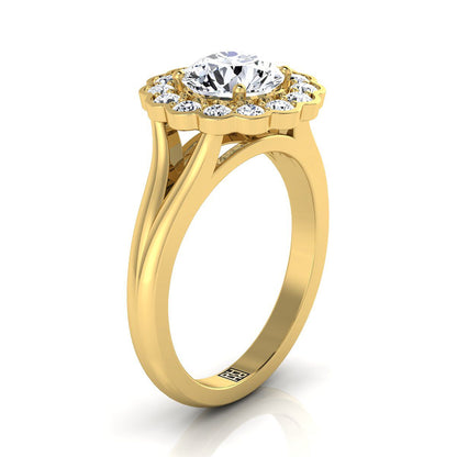 Nera Select Floral Split Shank Halo Round Lab Diamond Engagement Ring in 14K Yellow Gold | RockHer