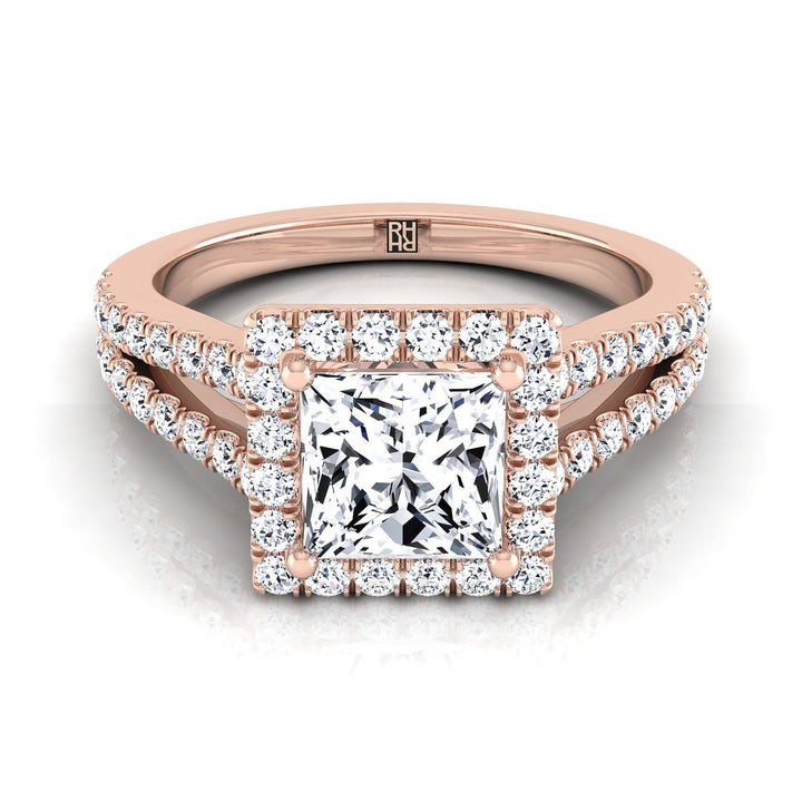 Split Shank Pavé Halo Princess, in 14K Rose Gold, pave setting | RockHer