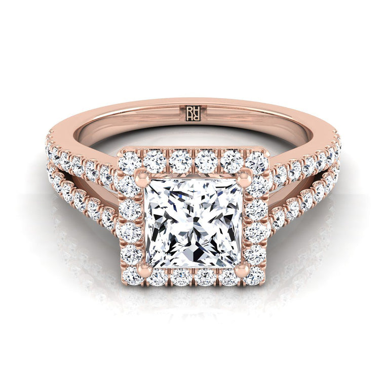 The Nicki Split Shank Pavé Halo Princess Cut Engagement Ring Setting in 14K Rose Gold